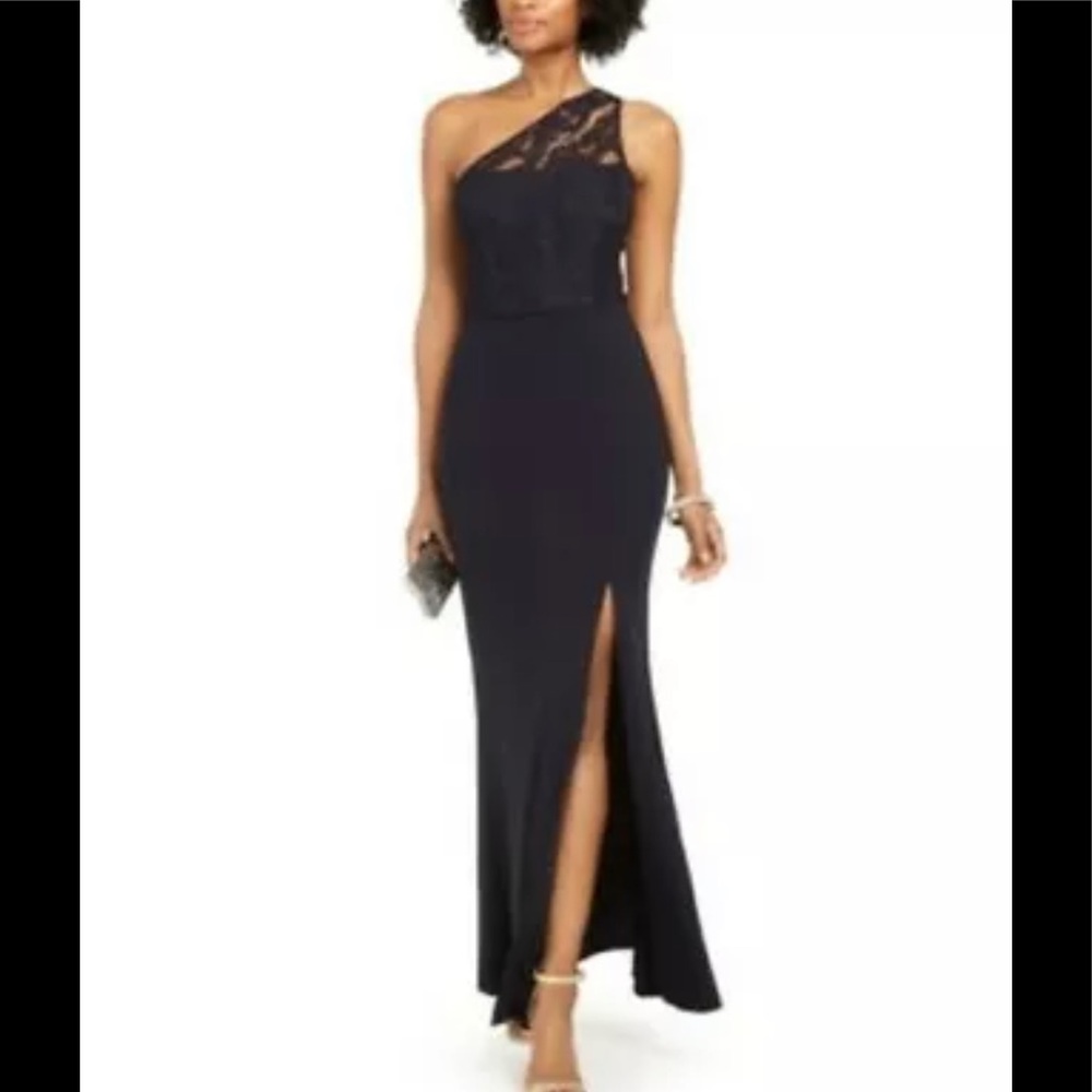 Adrianna Papell One-Shoulder MIdnight Blue
Lace Gown Size